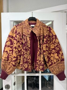Free People Floral Jacquard Jacket - Maroon & Gold MEDIUM
